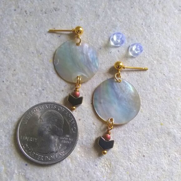 Iridescent Dove Grey Shimmering Shell Earrings - Lightweight Feminine Subtle - Picture 8 of 11